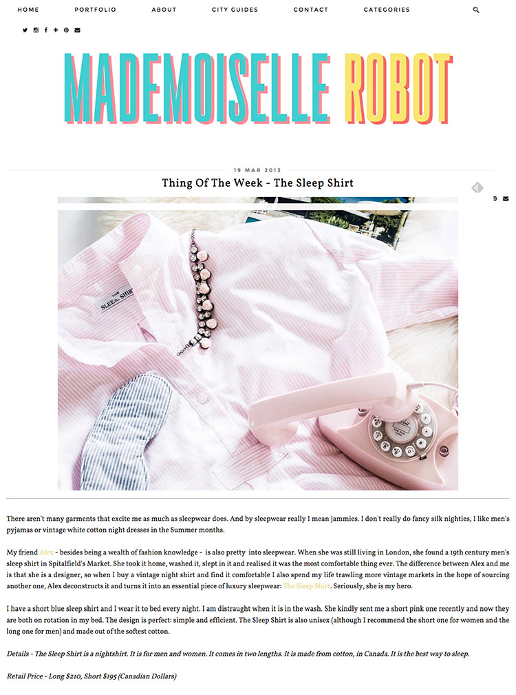 mademoiselle robot, blog, london, press, the sleep shirt, laetitia wajnapel