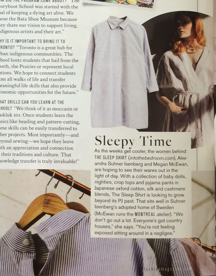 luxury, sleepwear, made in canada, the sleep shirt, cotton nightshirt, press, magazine